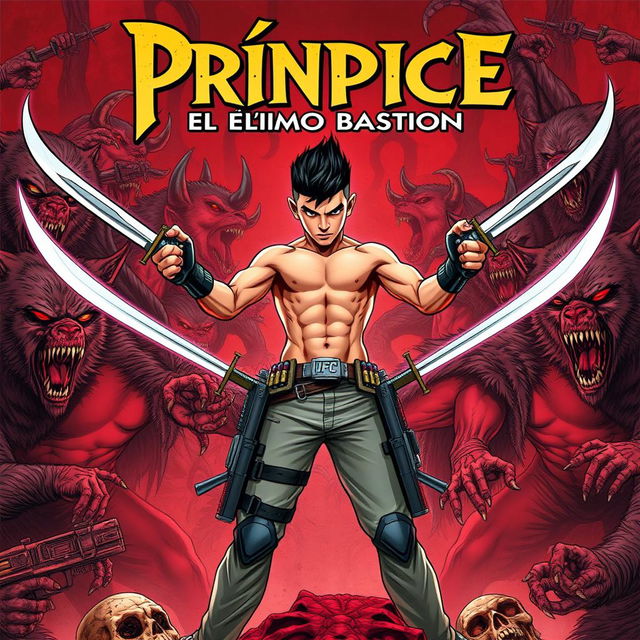 A dynamic comic book cover for 'Príncipe, el Último Bastión', featuring a chaotic background filled with fierce vampires with pointed fangs, and muscular werewolves covered in fur