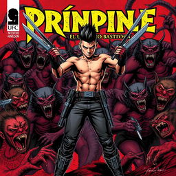 A dynamic comic book cover for 'Príncipe, el Último Bastión', featuring a chaotic background filled with fierce vampires with pointed fangs, and muscular werewolves covered in fur