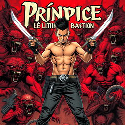 A dynamic comic book cover for 'Príncipe, el Último Bastión', featuring a chaotic background filled with fierce vampires with pointed fangs, and muscular werewolves covered in fur