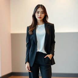 A beautiful Korean woman with a cool expression, wearing long black pants and a white t-shirt, topped with a stylish black blazer
