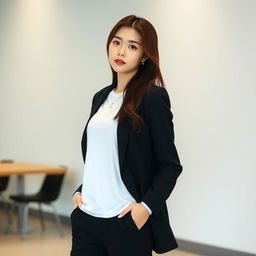A beautiful Korean woman with a cool expression, wearing long black pants and a white t-shirt, topped with a stylish black blazer