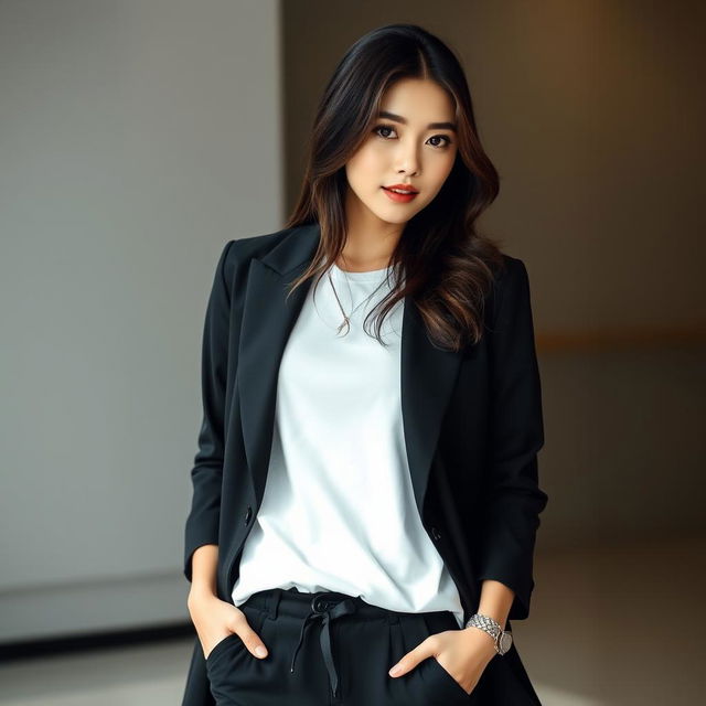 A beautiful Korean woman with a cool expression, wearing long black pants and a white t-shirt, topped with a stylish black blazer