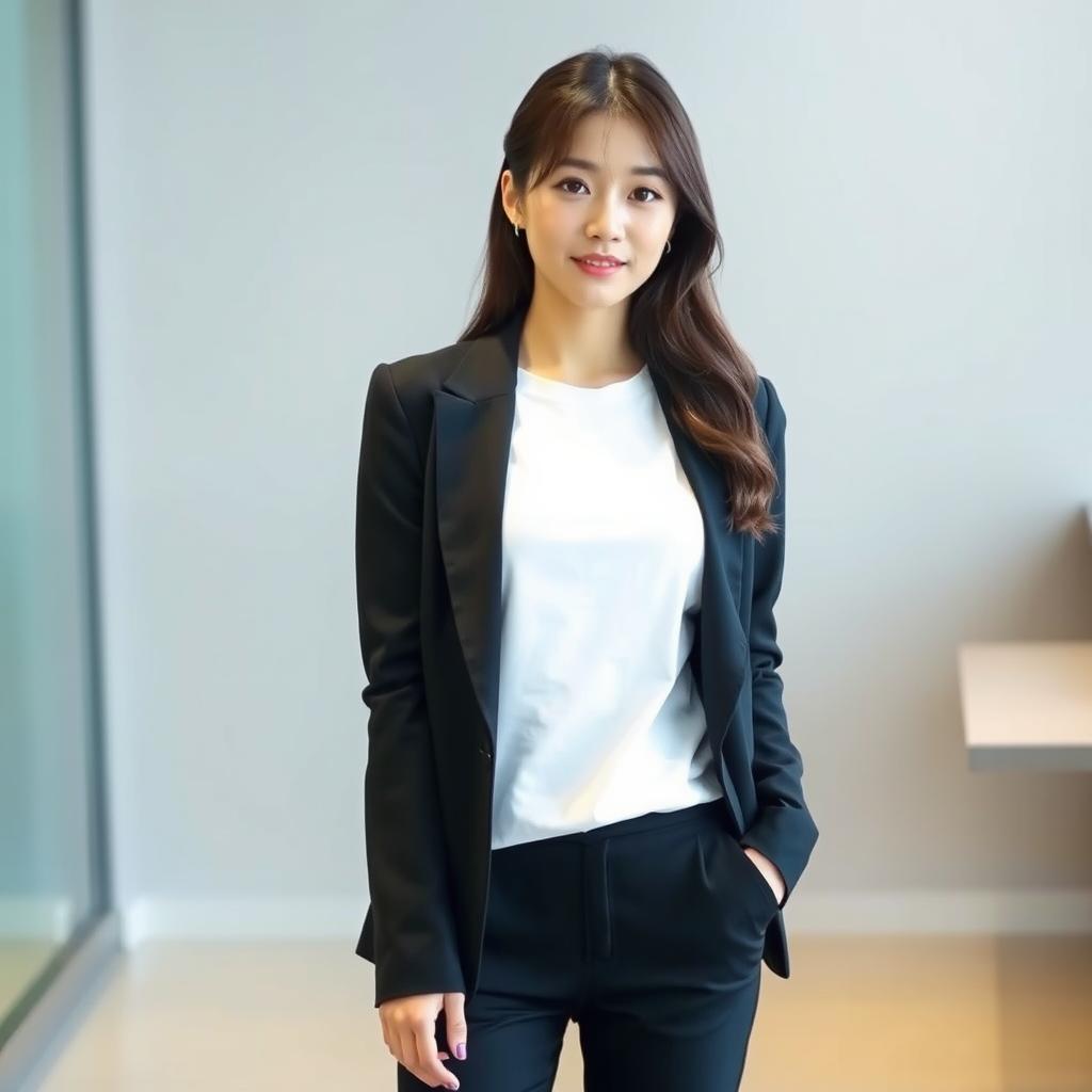 A beautiful Korean woman with a cool expression, wearing long black pants and a white t-shirt, topped with a stylish black blazer