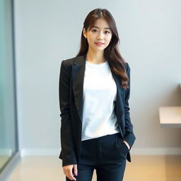 A beautiful Korean woman with a cool expression, wearing long black pants and a white t-shirt, topped with a stylish black blazer