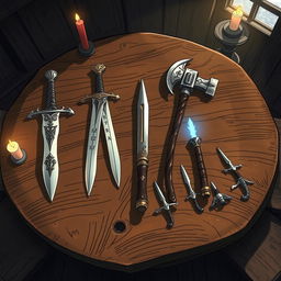 In a captivating anime style, hand-drawn with fantasy elements, the scene features a sturdy tavern table viewed from above in a dimly lit room