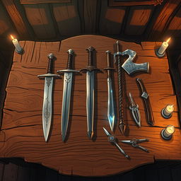 In a captivating anime style, hand-drawn with fantasy elements, the scene features a sturdy tavern table viewed from above in a dimly lit room