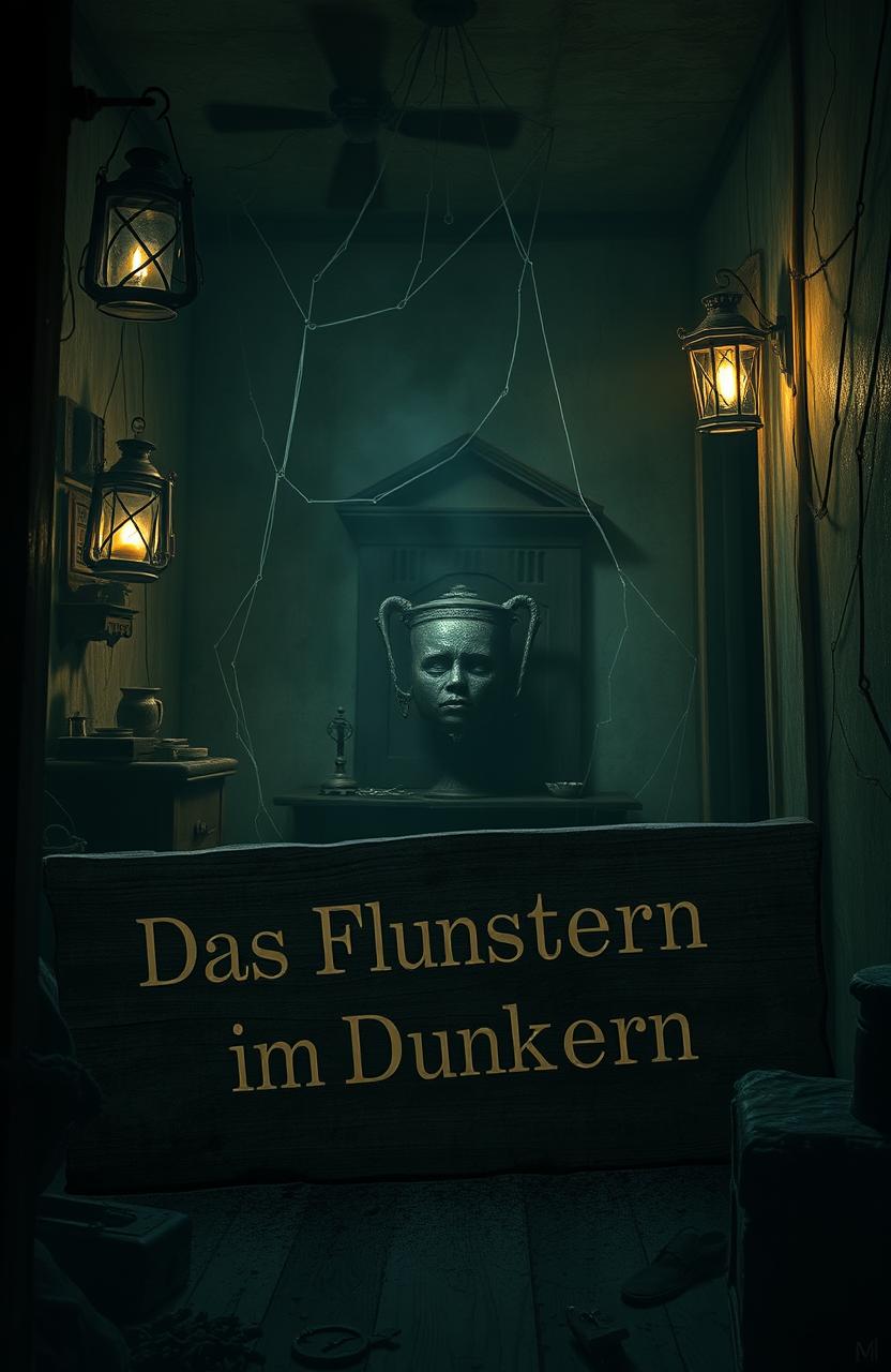 An eerie scene inside a haunted house, depicting a cursed object that exudes a dark aura