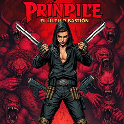 A captivating comic book cover for 'Príncipe, el Último Bastión', featuring a tumultuous background filled with vicious vampires displaying sharp, prominent fangs and burly werewolves covered in dense fur