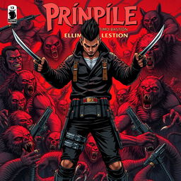A captivating comic book cover for 'Príncipe, el Último Bastión', featuring a tumultuous background filled with vicious vampires displaying sharp, prominent fangs and burly werewolves covered in dense fur