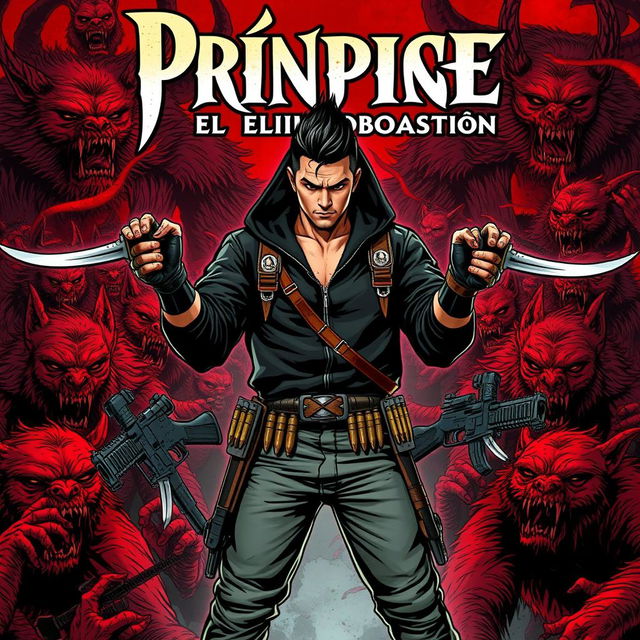 A captivating comic book cover for 'Príncipe, el Último Bastión', featuring a tumultuous background filled with vicious vampires displaying sharp, prominent fangs and burly werewolves covered in dense fur