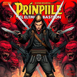 A captivating comic book cover for 'Príncipe, el Último Bastión', featuring a tumultuous background filled with vicious vampires displaying sharp, prominent fangs and burly werewolves covered in dense fur