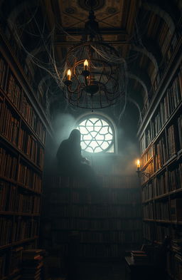 A haunted library filled with old, dusty books