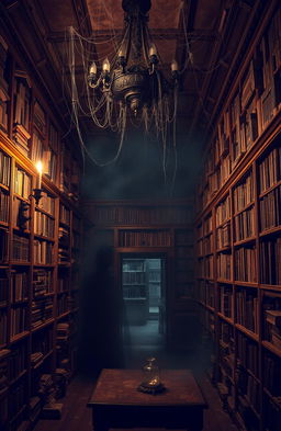 A haunted library filled with old, dusty books