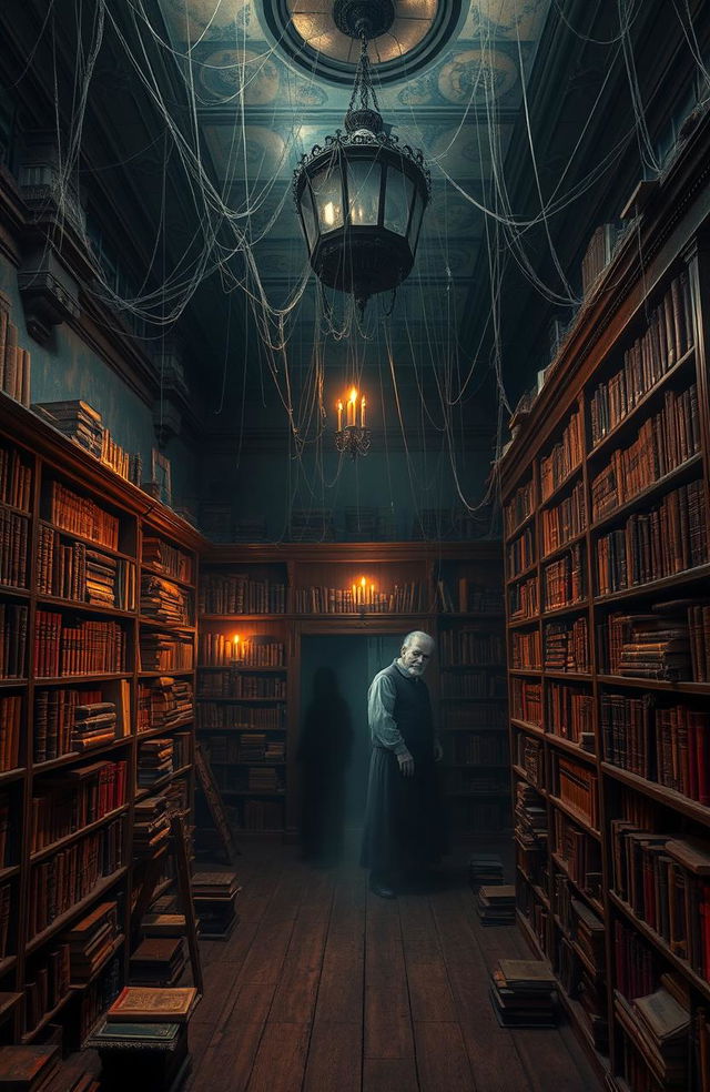A haunted library filled with old, dusty books