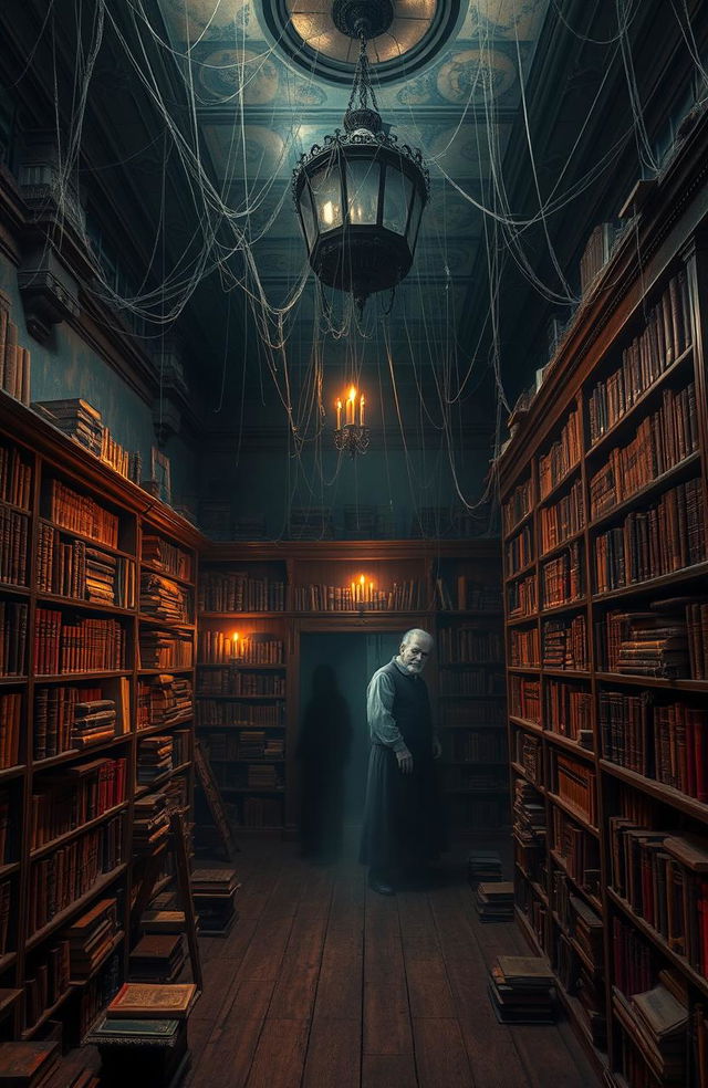 A haunted library filled with old, dusty books