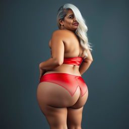 A 55-year-old Indian plus-size woman, confidently presenting herself as a stunning cougar