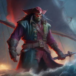 A high-quality digital art image of a scarred orc pirate captain, gripping a scimitar and a glowing red potion