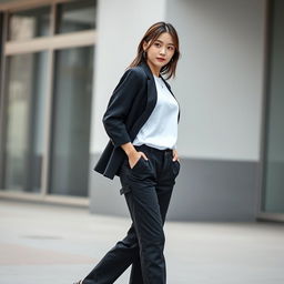 A beautiful Korean girl with a cool expression, wearing long black fabric pants, a white tucked-in t-shirt, and a stylish black blazer, captured in a full-body shot with a wide angle