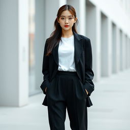 A beautiful Korean girl with a cool expression, wearing long black fabric pants, a white tucked-in t-shirt, and a stylish black blazer, captured in a full-body shot with a wide angle