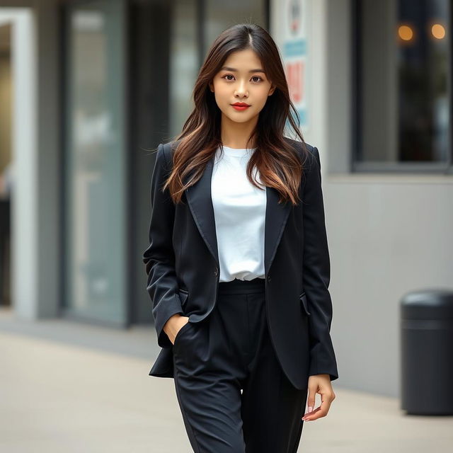 A beautiful Korean girl with a cool expression, wearing long black fabric pants, a white tucked-in t-shirt, and a stylish black blazer, captured in a full-body shot with a wide angle