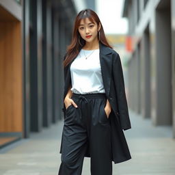A beautiful Korean girl with a cool expression, wearing long black fabric pants, a white tucked-in t-shirt, and a stylish black blazer, captured in a full-body shot with a wide angle