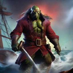 A high-quality digital art image of a scarred orc pirate captain, gripping a scimitar and a glowing red potion