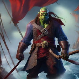 A high-quality digital art image of a scarred orc pirate captain, gripping a scimitar and a glowing red potion