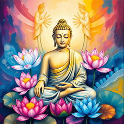 A serene seated Buddha surrounded by vibrant, multicolored lotus flowers, evoking a sense of peace and tranquility