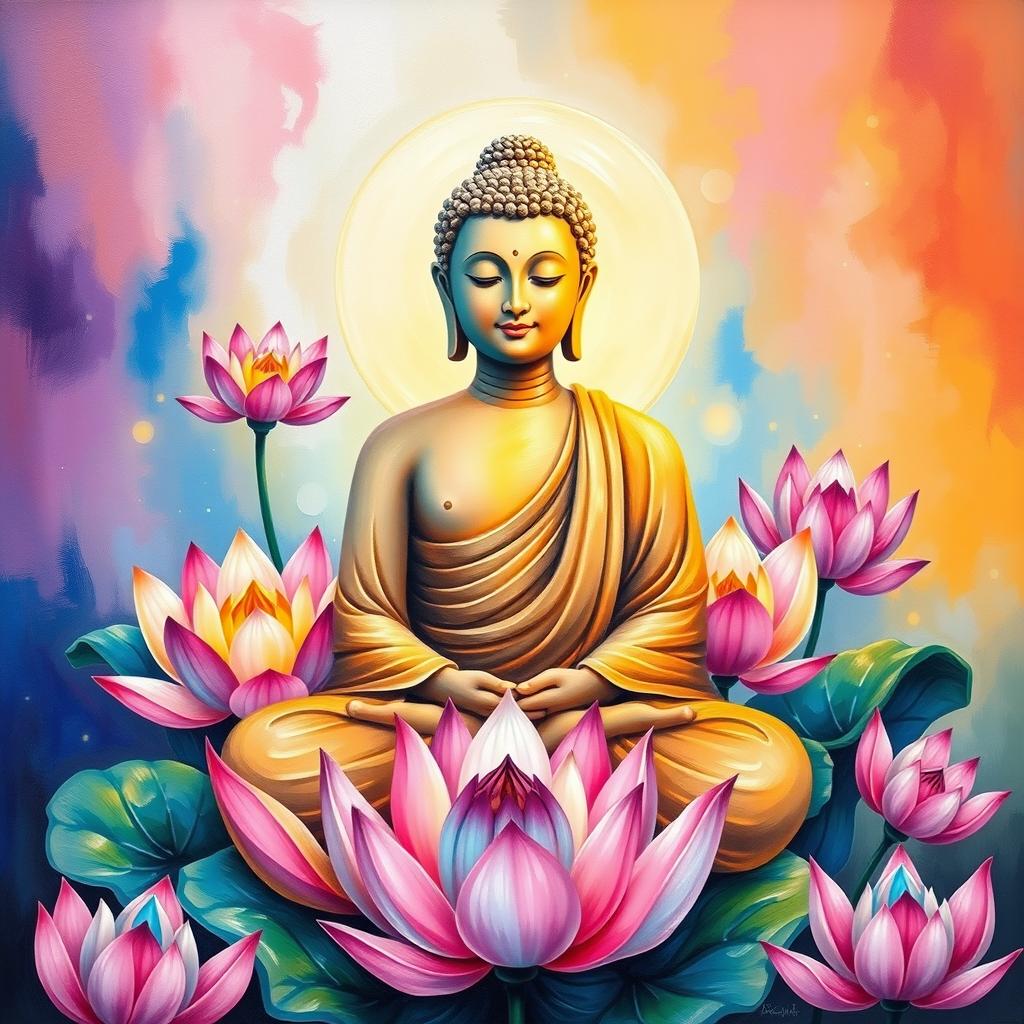 A serene seated Buddha surrounded by vibrant, multicolored lotus flowers, evoking a sense of peace and tranquility