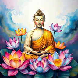 A serene seated Buddha surrounded by vibrant, multicolored lotus flowers, evoking a sense of peace and tranquility