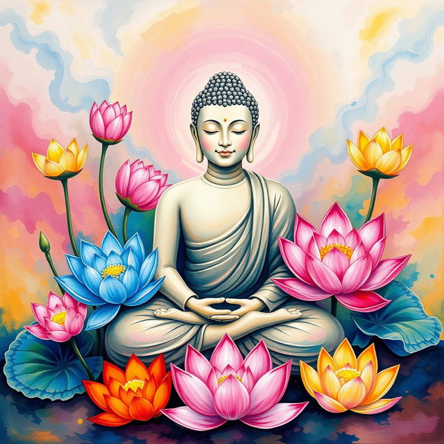 A serene seated Buddha surrounded by vibrant, multicolored lotus flowers, evoking a sense of peace and tranquility