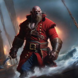 A high-quality digital art image of a scarred orc pirate captain, gripping a scimitar and a glowing red potion