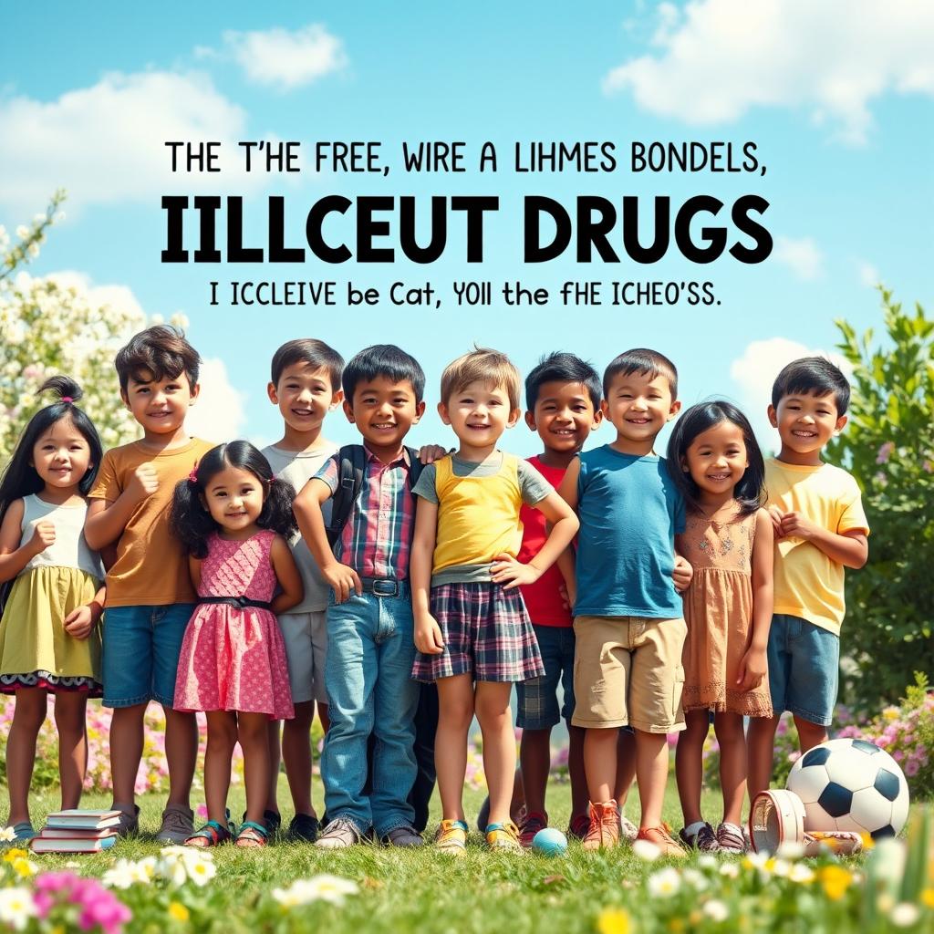 A powerful and uplifting scene depicting a diverse group of children standing together, showcasing their resilience against the challenges of illicit drugs