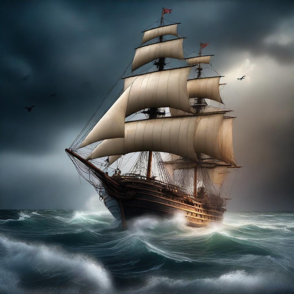 Depict a scene of high-quality digital art featuring a ship bravely sailing through a stormy night