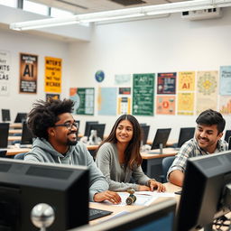 A diverse group of students participating in an AI course, seated in a bright and modern classroom filled with computers and technology