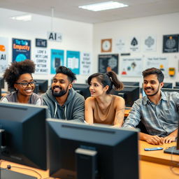 A diverse group of students participating in an AI course, seated in a bright and modern classroom filled with computers and technology