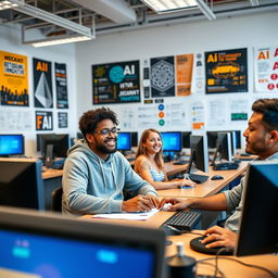 A diverse group of students participating in an AI course, seated in a bright and modern classroom filled with computers and technology
