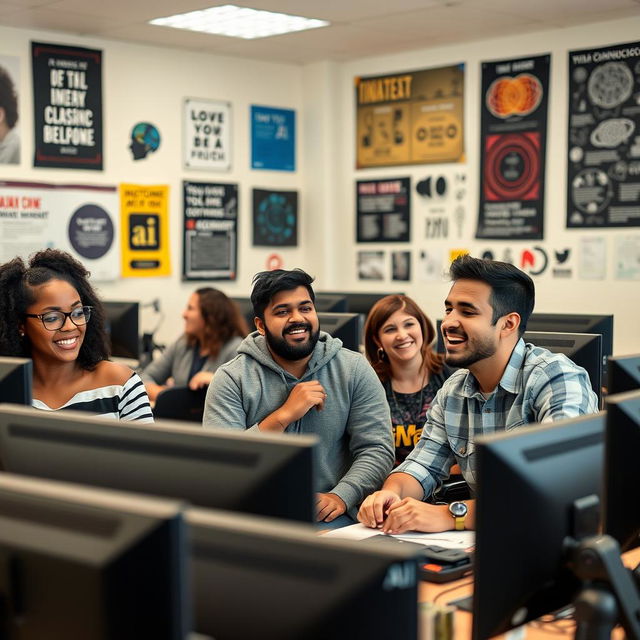 A diverse group of students participating in an AI course, seated in a bright and modern classroom filled with computers and technology