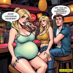 A realistic comic book-style illustration featuring a beautiful, sexy, curvy blonde girl with an innocent look
