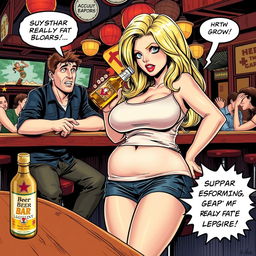 A realistic comic book-style illustration featuring a beautiful, sexy, curvy blonde girl with an innocent look