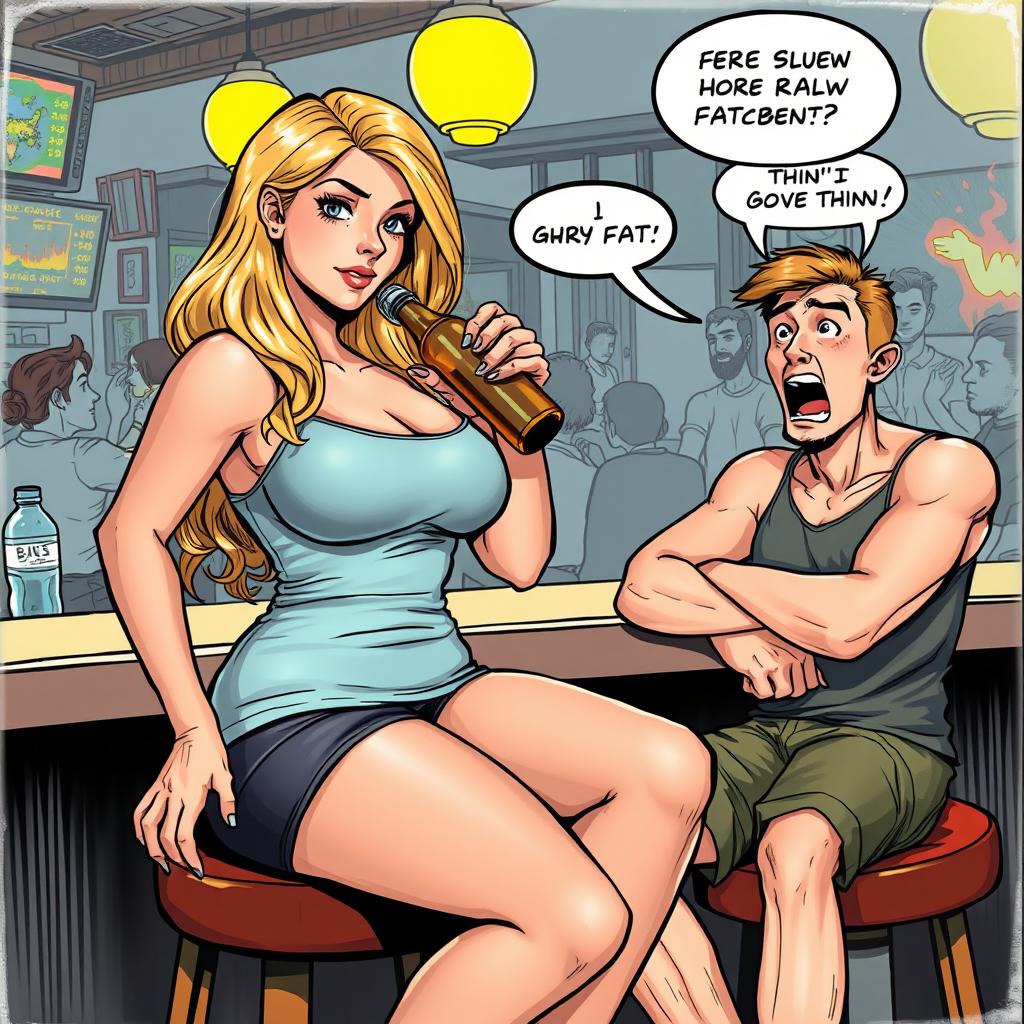 A realistic comic book-style illustration featuring a beautiful, sexy, curvy blonde girl with an innocent look