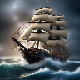 Depict a scene of high-quality digital art featuring a ship bravely sailing through a stormy night