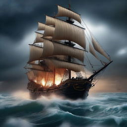 Depict a scene of high-quality digital art featuring a ship bravely sailing through a stormy night