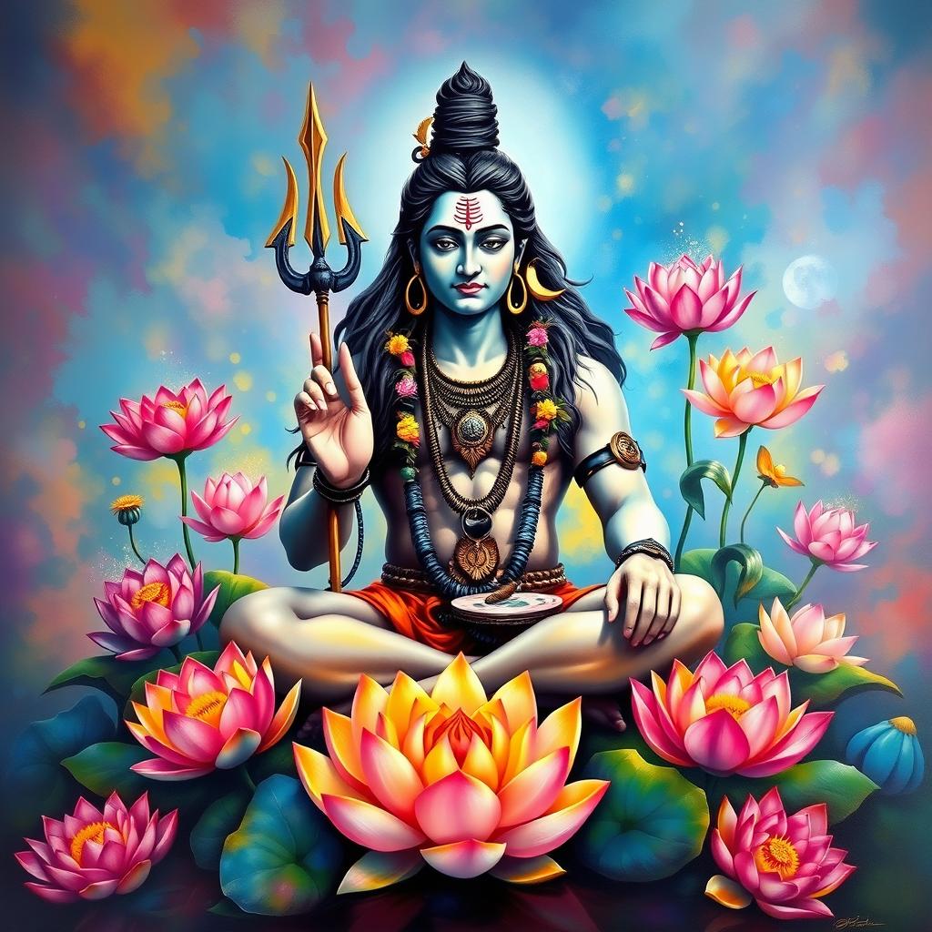 A majestic seated Shiva surrounded by a variety of vibrant, multicolored lotus flowers, conveying an essence of divinity and tranquility