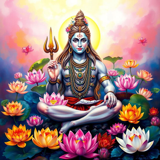 A majestic seated Shiva surrounded by a variety of vibrant, multicolored lotus flowers, conveying an essence of divinity and tranquility