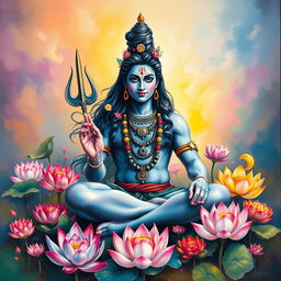 A majestic seated Shiva surrounded by a variety of vibrant, multicolored lotus flowers, conveying an essence of divinity and tranquility