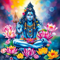 A majestic seated Shiva surrounded by a variety of vibrant, multicolored lotus flowers, conveying an essence of divinity and tranquility