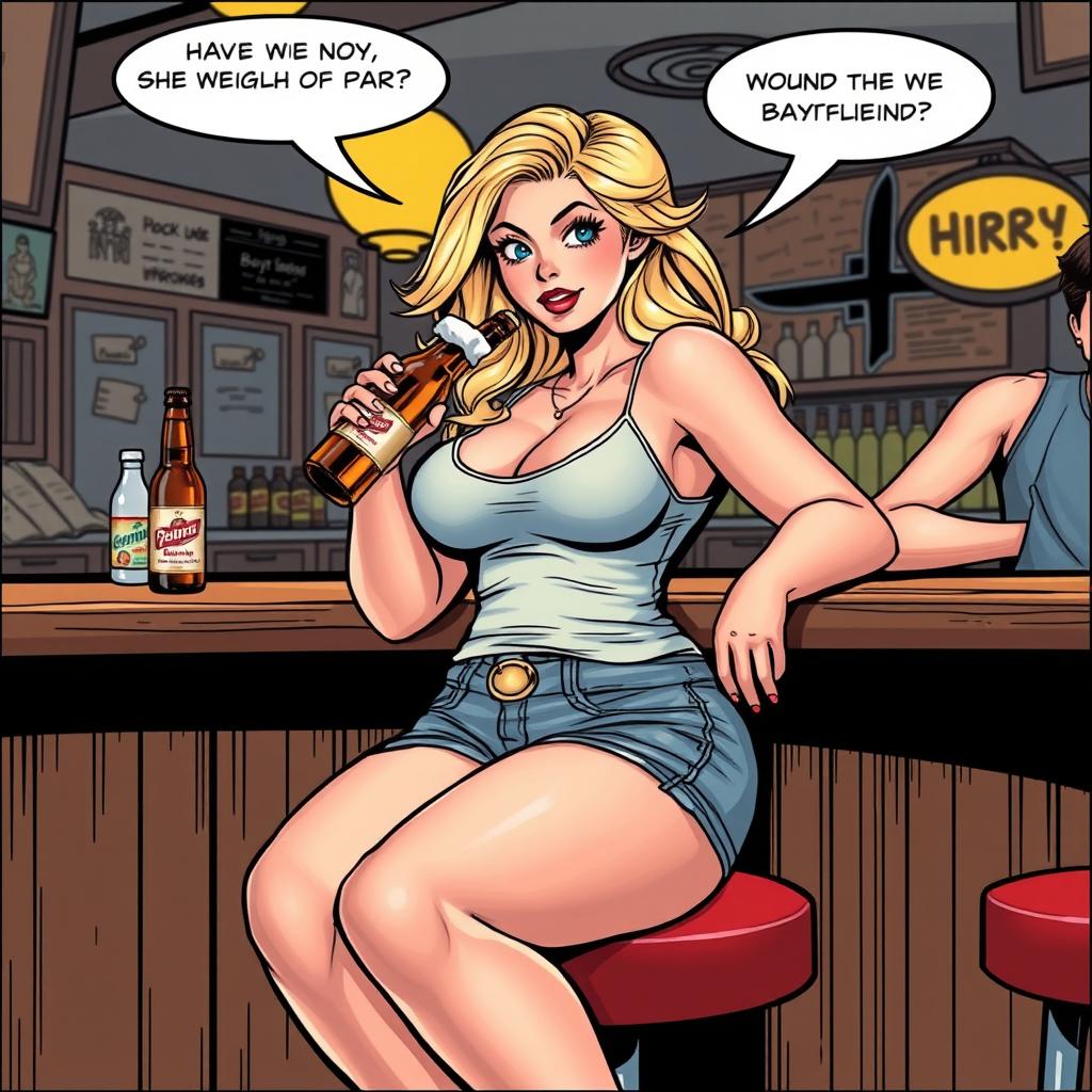 A realistic comic book-style illustration of a beautiful, sexy, curvy blonde girl with an innocent demeanor