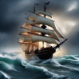 Depict a scene of high-quality digital art featuring a ship bravely sailing through a stormy night