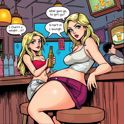 A realistic comic book-style illustration of a beautiful, sexy, curvy blonde girl with an innocent demeanor